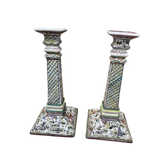 Portugal Pair folk art nature 13" tall column square candle holders SKU 9600 - Picture 5 of 12